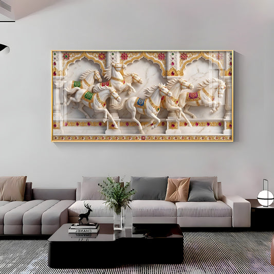 Seven White Horses Vastu Glass Finish Horizontal Wall Art