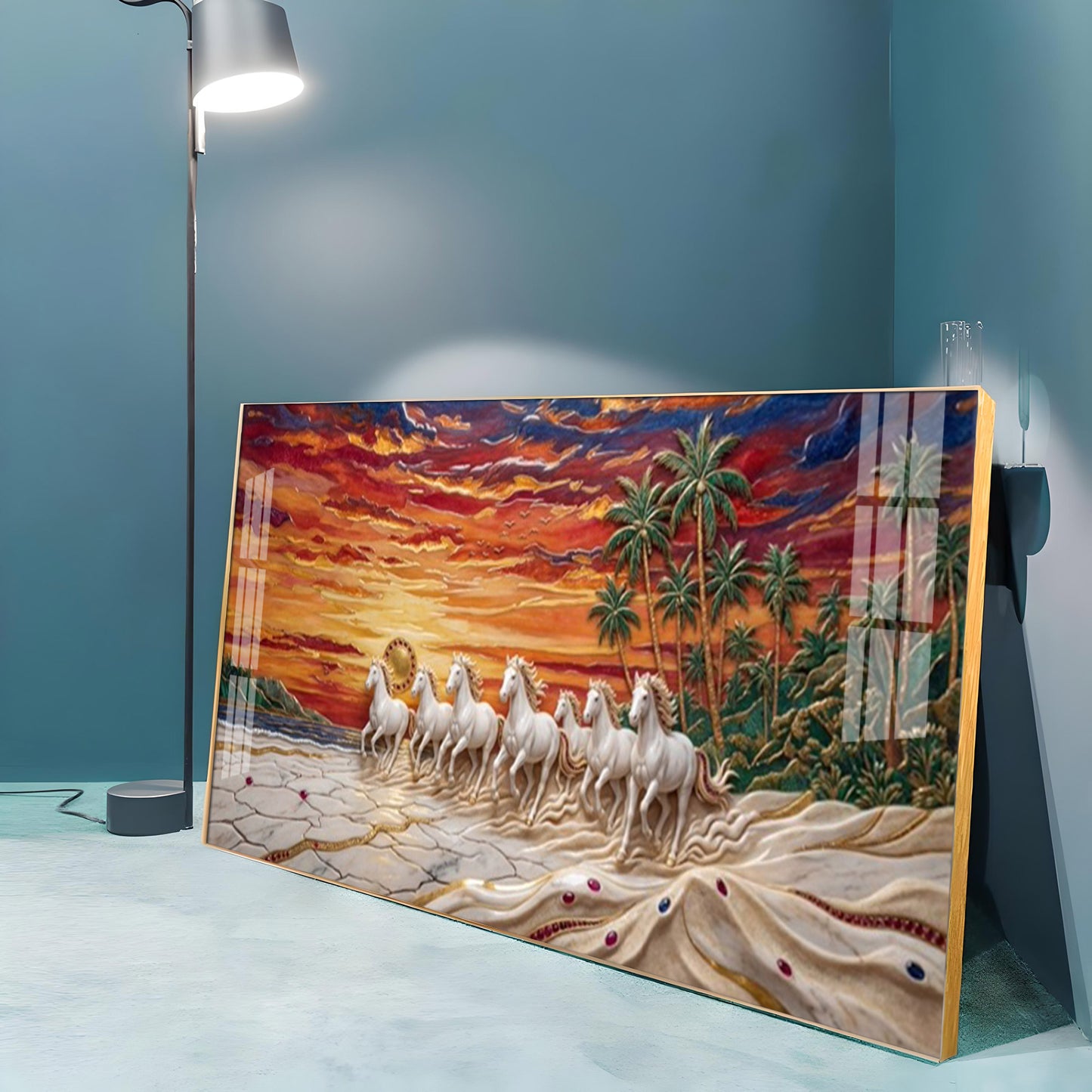 Seven Horses Vastu Glass Finish Horizontal Wall Art