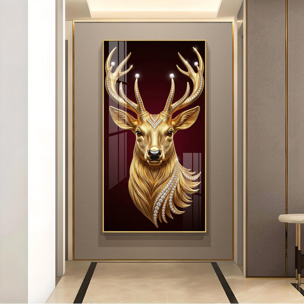 Golden Deer Head Glass Finish Vertical Wall Art