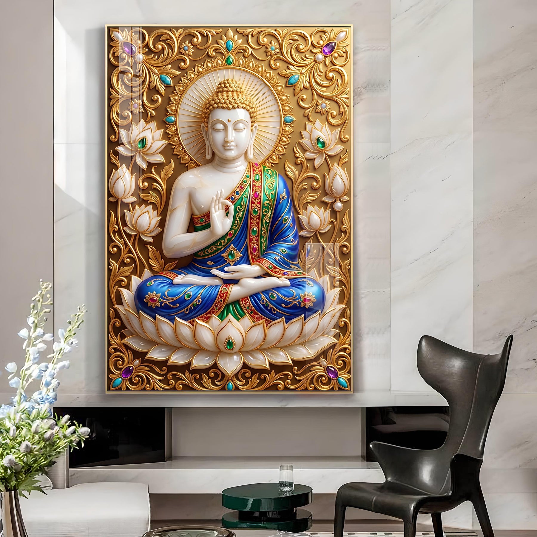 Serenity Lord Buddha Glass Finish Vertical Wall Art