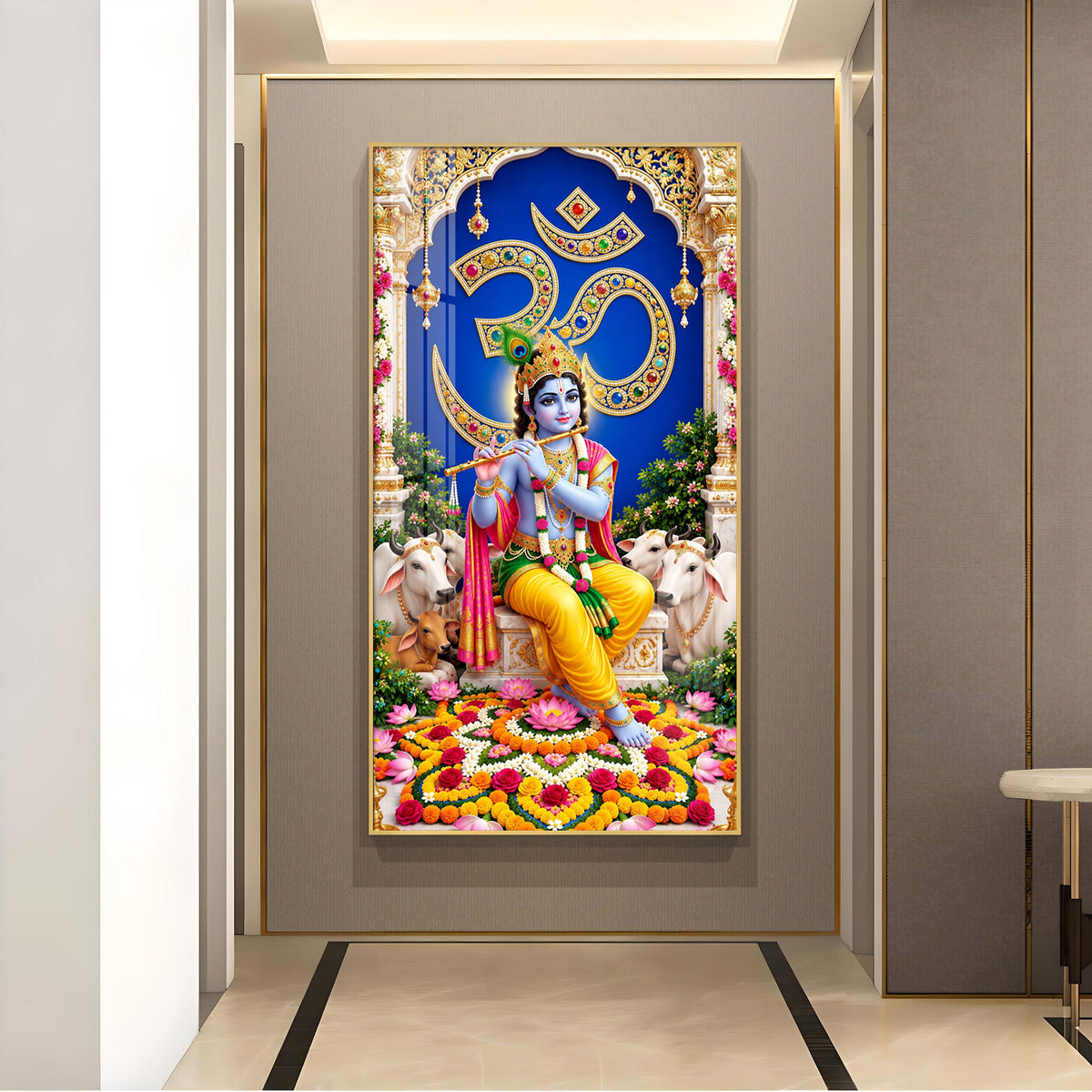 Lord Krishna With Om Divine Glass Finish Vertical Wall Art