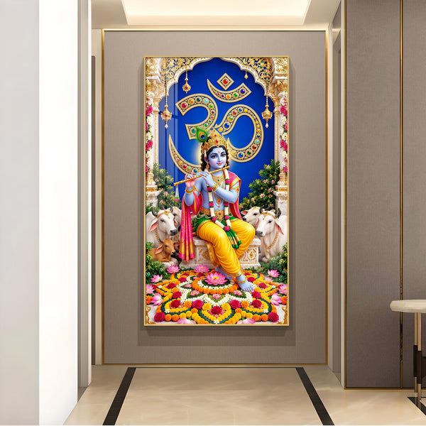 Lord Krishna With Om Divine Glass Finish Vertical Wall Art