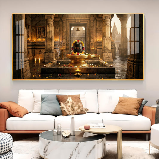Shivling Temple Mystical Presence Glass Finish Horizontal Wall Art