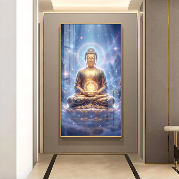 Meditating Lord Buddha Glass Finish Vertical Wall Art
