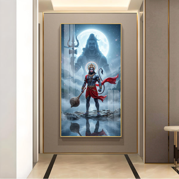 Hanuman Ji and Shiva Ji Glass Finish Vertical Wall Art