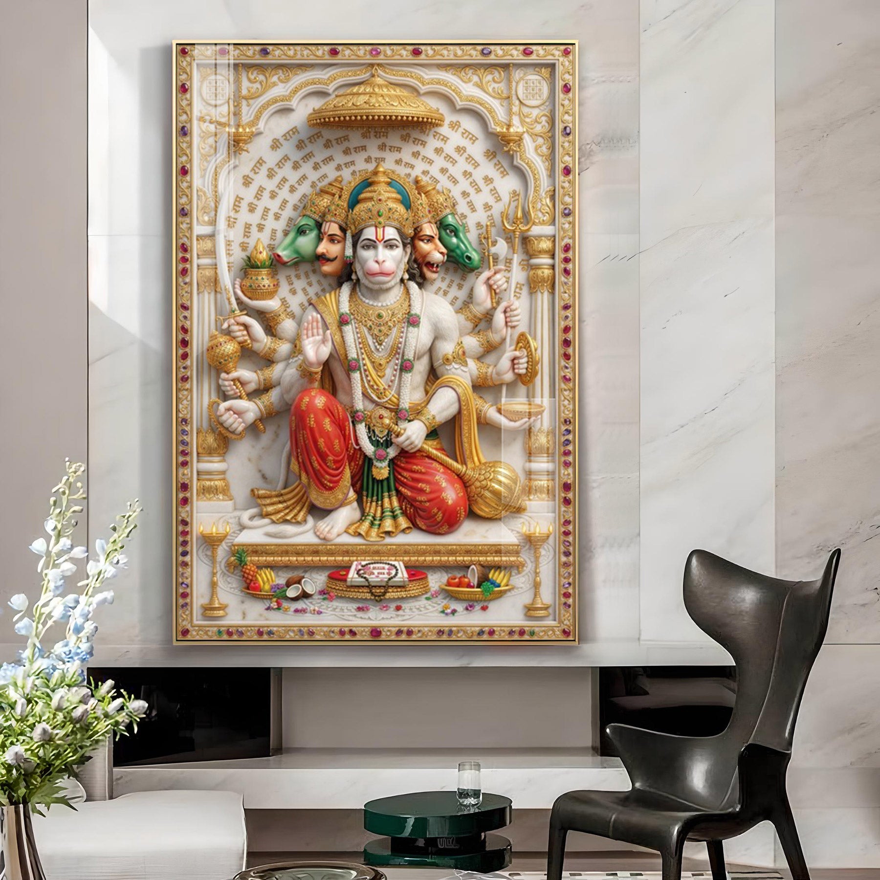 Panchmukhi Hanuman Glass Finish Vertical Wall Art