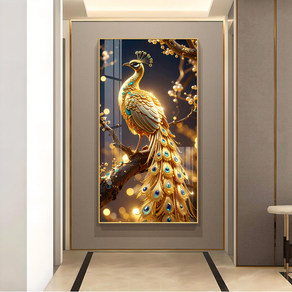 Celestial Golden Peacock Glass Finish Vertical Wall Art