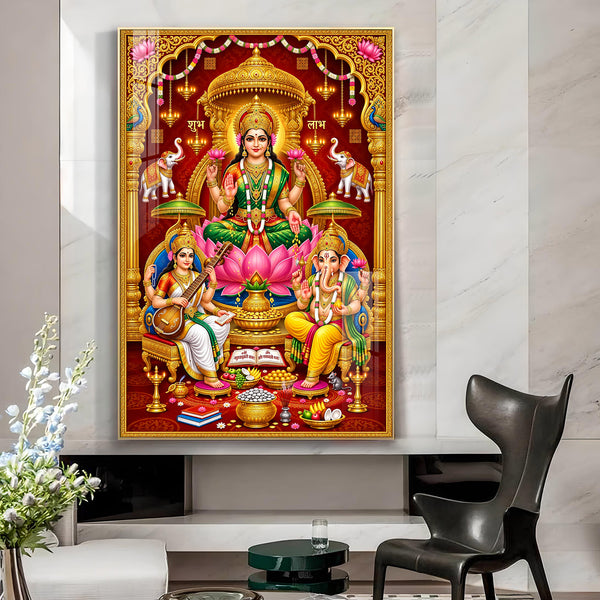 Maa Saraswati, Maa Laxmi & Ganesh Ji Glass Finish Vertical Wall Art