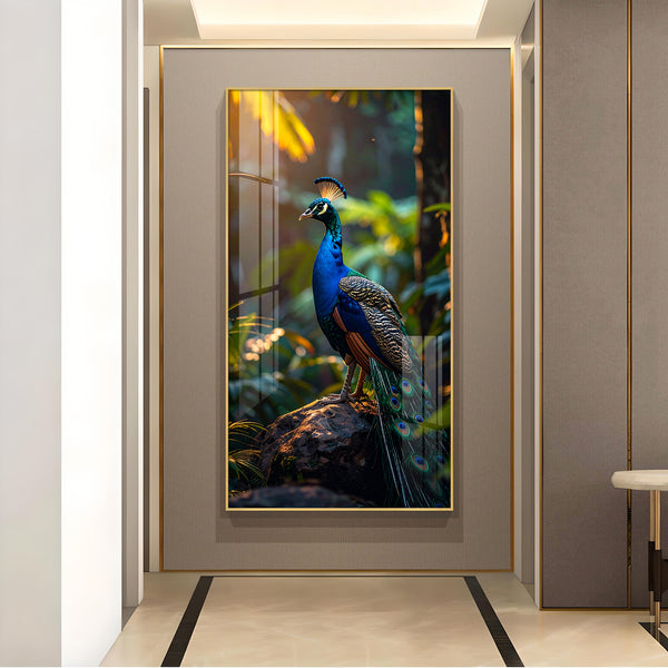 Peacock Perch Glass Finish Vertical Wall Art