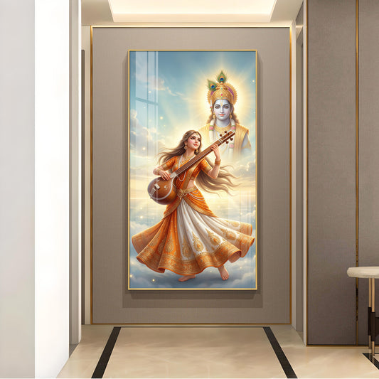 Divine Meera Bai with krishna Glass Finish Vertical Wall Art