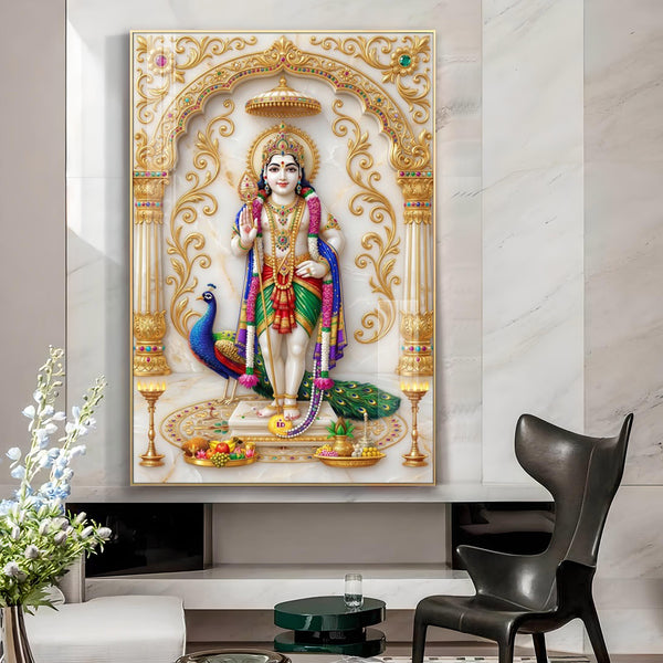 Depicting Lord Murugan Glass Finish Vertical Wall Art