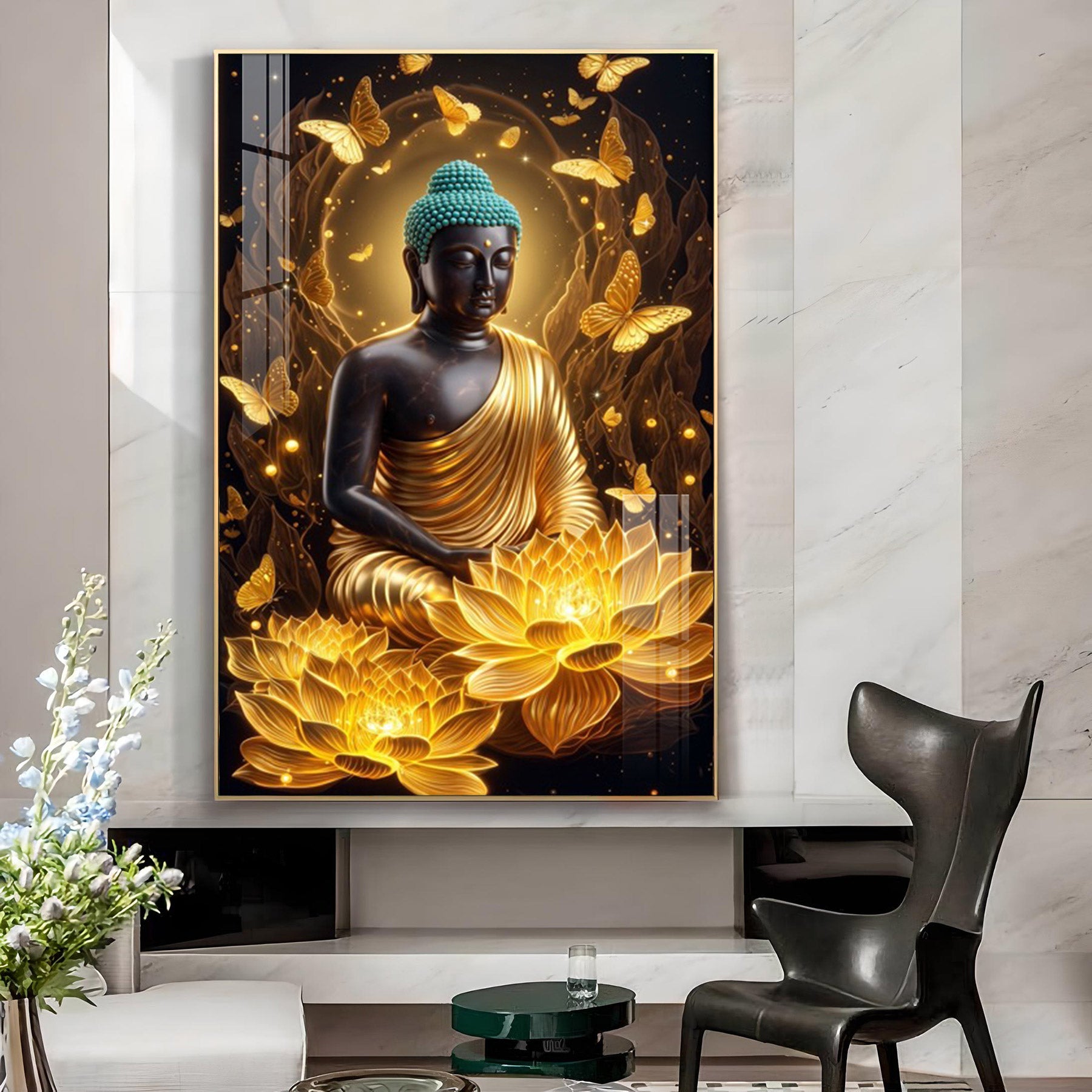 Black Gold Buddha Glass Finish Vertical Wall Art