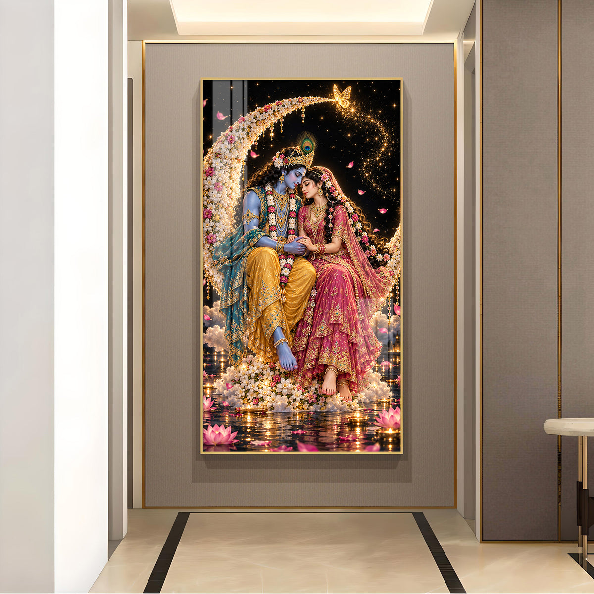 Shri Radha Krishna Love Glass Finish Vertical Wall Art
