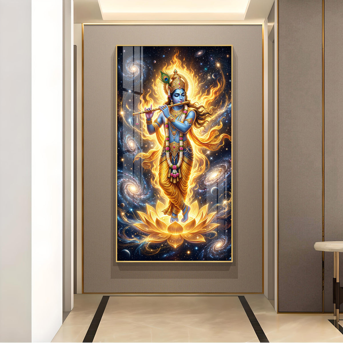 Lord Krishna Playing Bansuri Glass Finish Vertical Wall Art