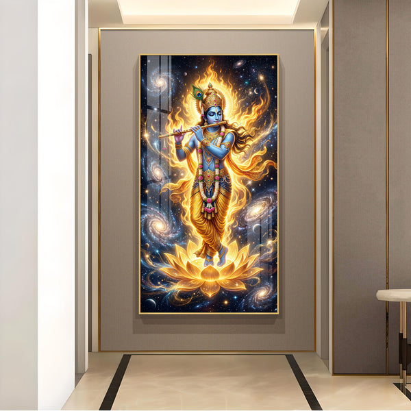 Lord Krishna Playing Bansuri Glass Finish Vertical Wall Art