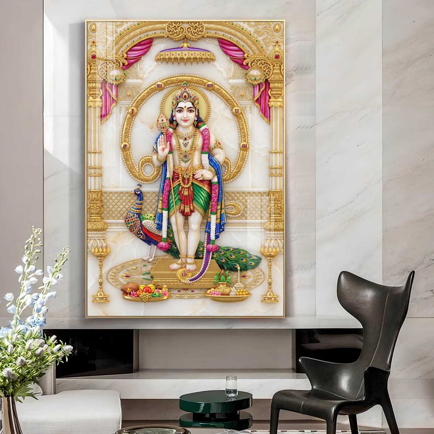 Hindu God Murugan Glass Finish Vertical Wall Art