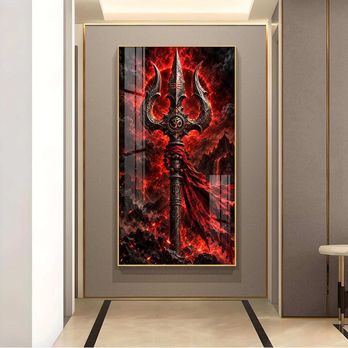Divine Trishul & Om Symbol Glass Finish Vertical Wall Art