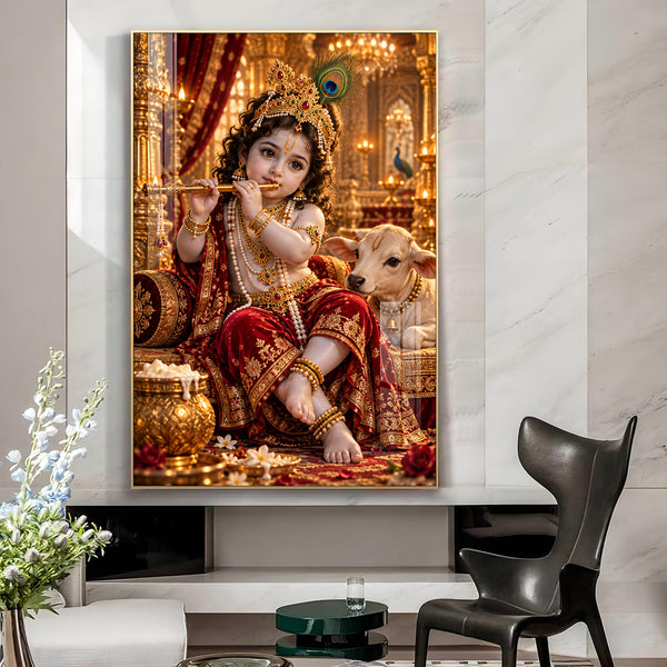 Bal Krishna & Sacred Calf Glass Finish Vertical Wall Art