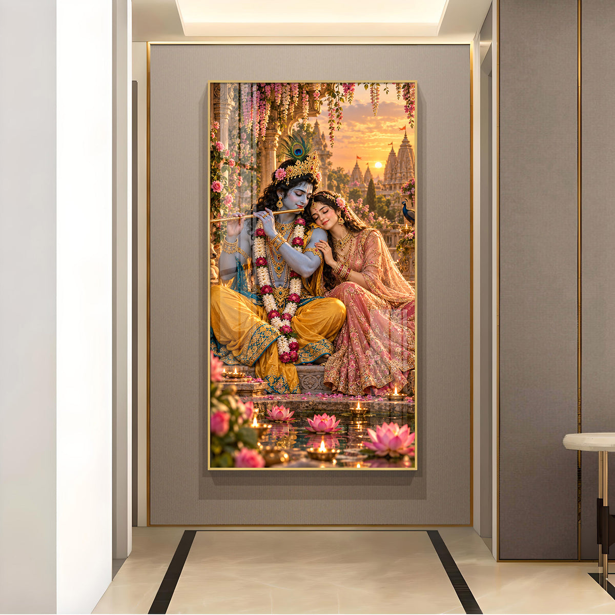 Radha Krishna Romantic Glass Finish Vertical Wall Art