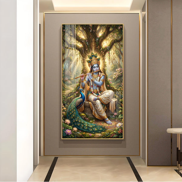 Divine Krishna Ji With Flute Glass Finish Vertical Wall Art