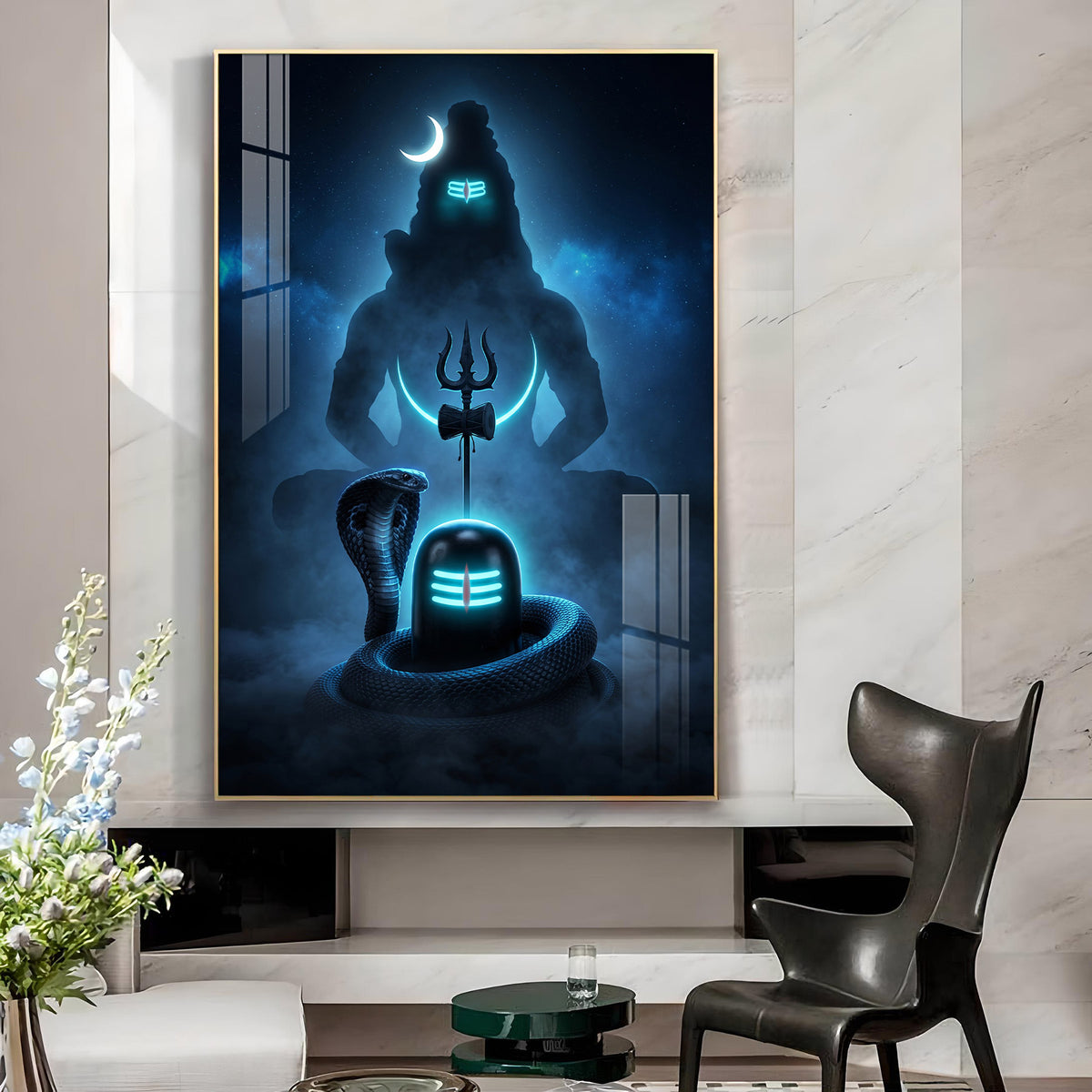 Lord Mahadev Meditation Glass Finish Vertical Wall Art