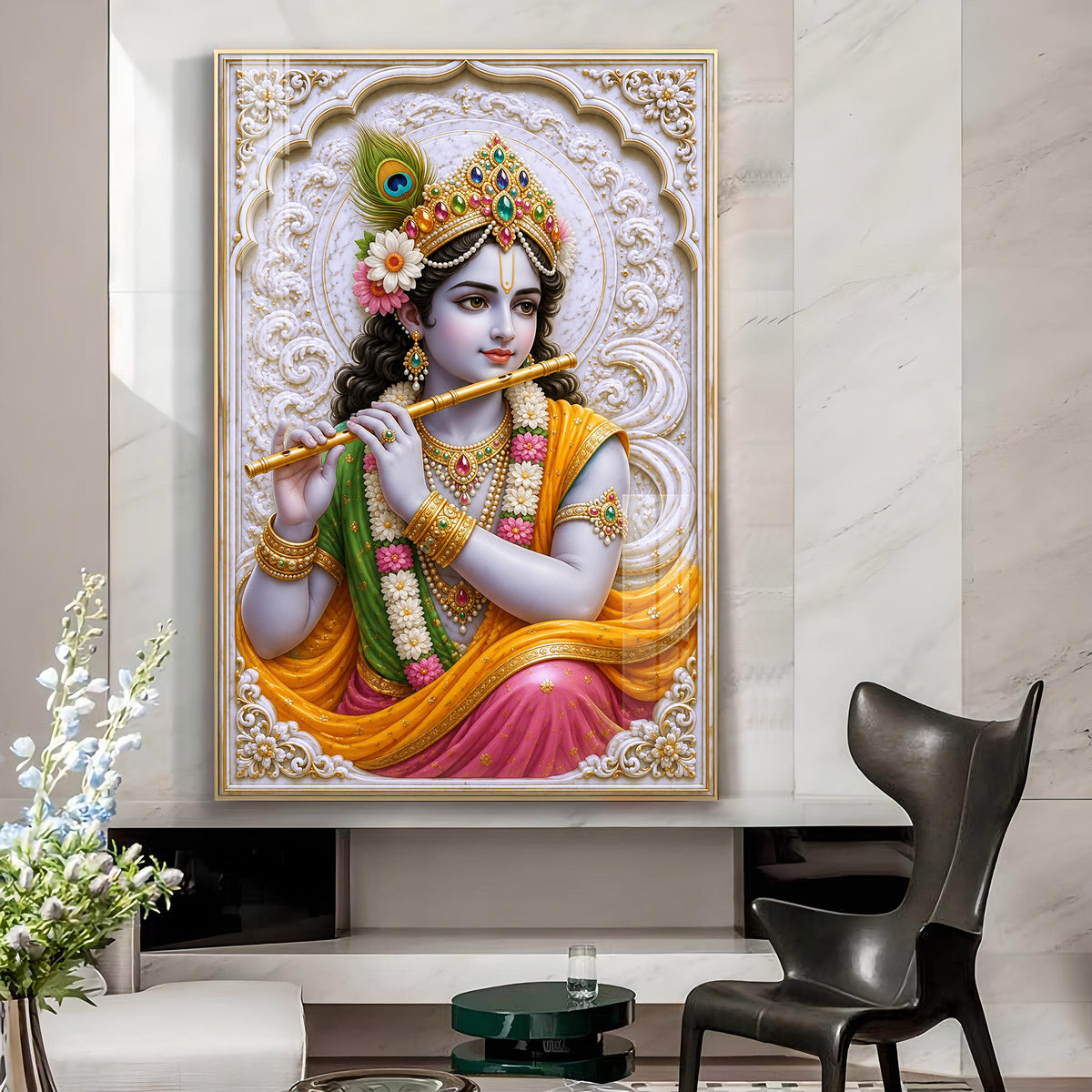 Lord Krishna with Golden Flute Glass Finish Vertical Wall Art