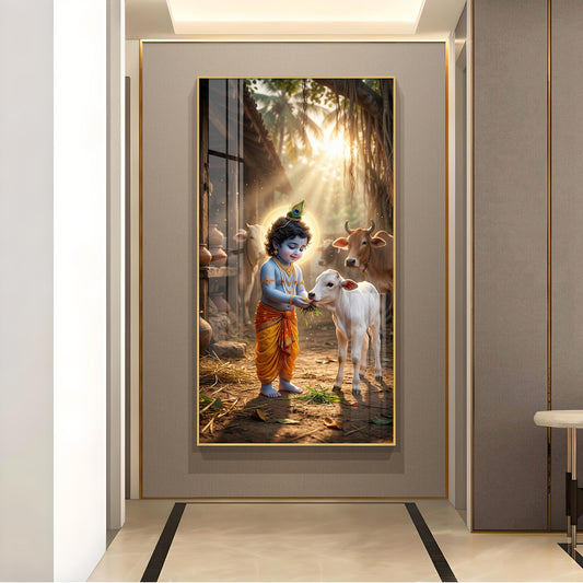 LIttle Krishna With Calf Glass Finish Vertical Wall Art