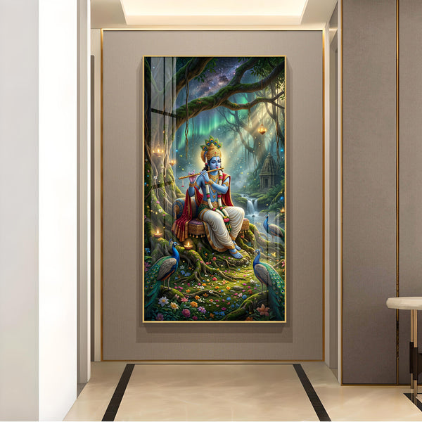 Shree Krishna With Flute Glass Finish Vertical Wall Art