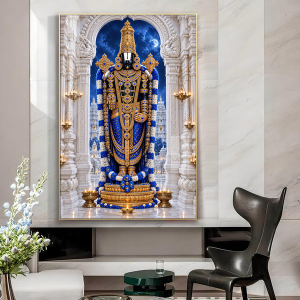 Lord Tirupati Balaji in Rich Blue Attire Glass Finish Vertical Wall Art
