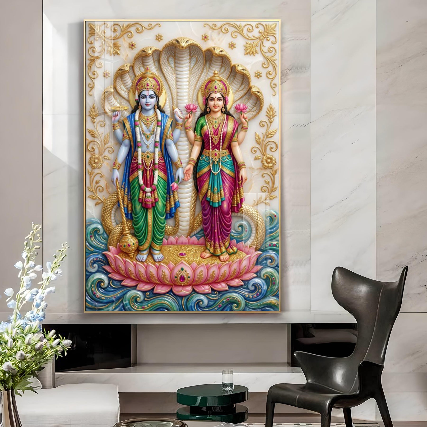 Lord Vishnu, Goddess Lakshmi Glass Finish Vertical Wall Art