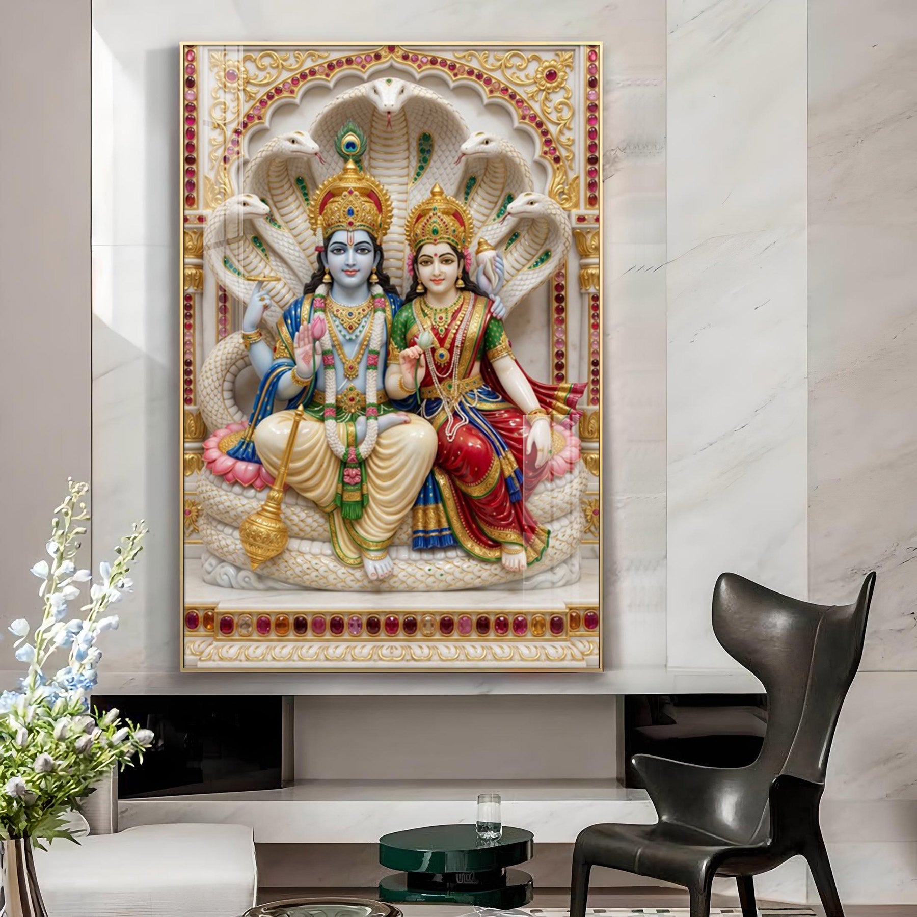 Lakshmi Narayana Glass Finish Vertical Wall Art