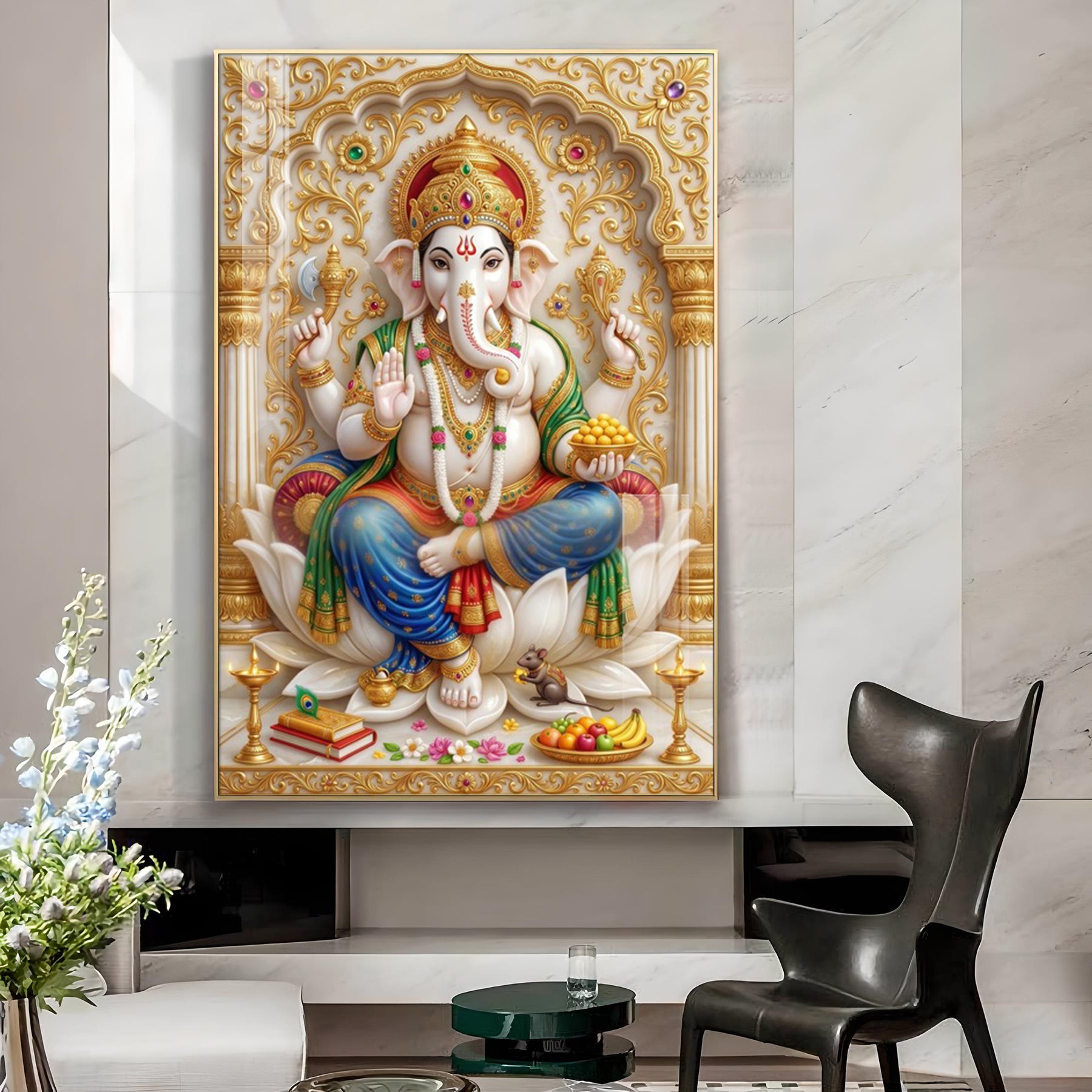 Lord Ganesha Seated On A Lotus Glass Finish Vertical Wall Art