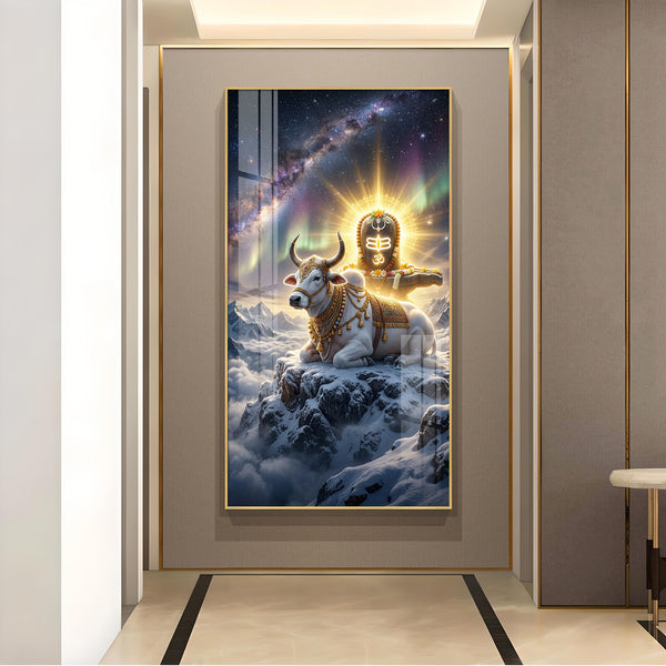 Mahadev With Nandi Glass Finish Vertical Wall Art