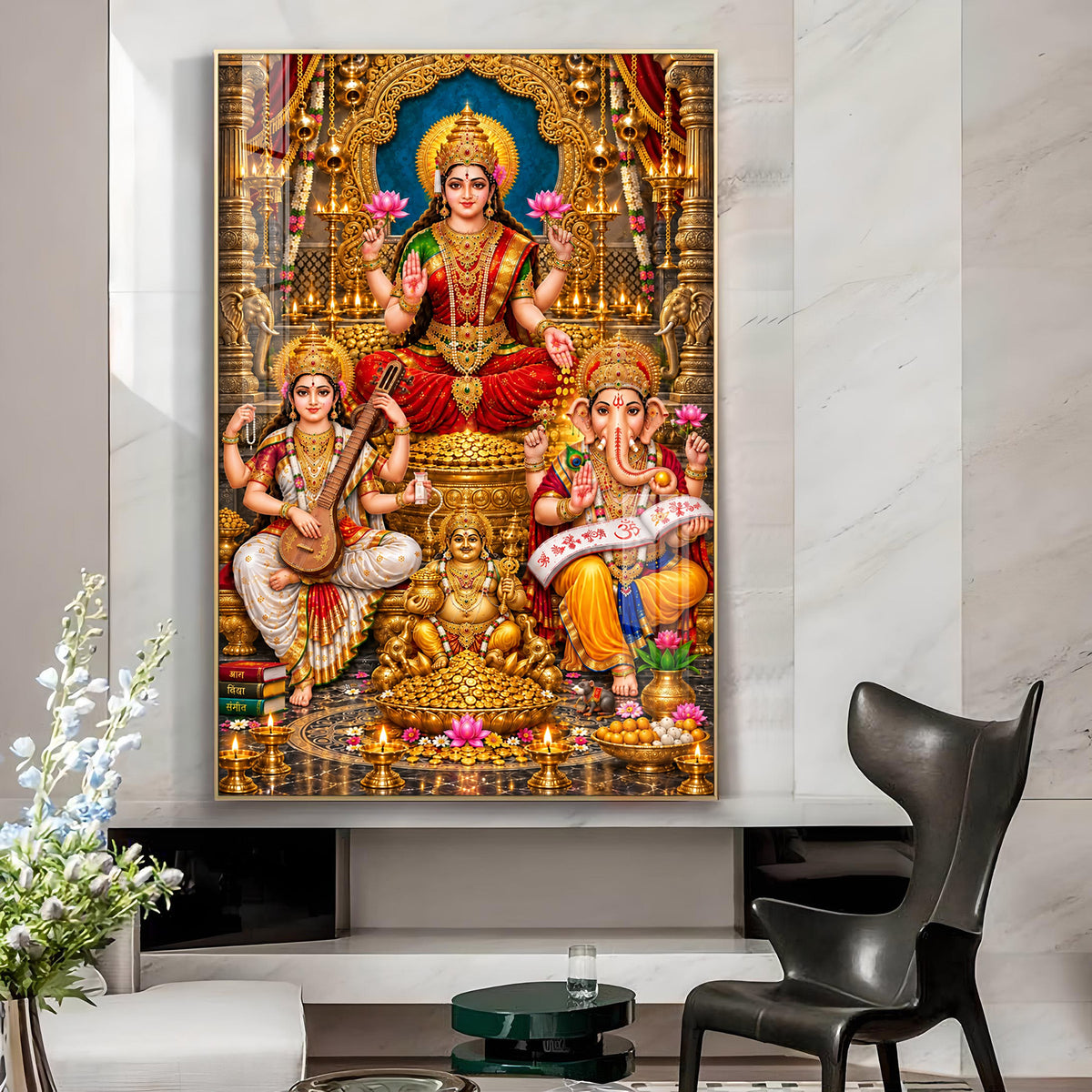 Maa Laxmi, Maa Saraswati & Ganesh Ji Glass Finish Vertical Wall Art