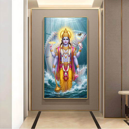 Lord Vishnu With Matsya Avatar Glass Finish Vertical Wall Art