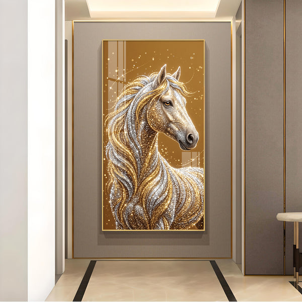 Horse In Gold & Silver Mane Glass Finish Vertical Wall Art