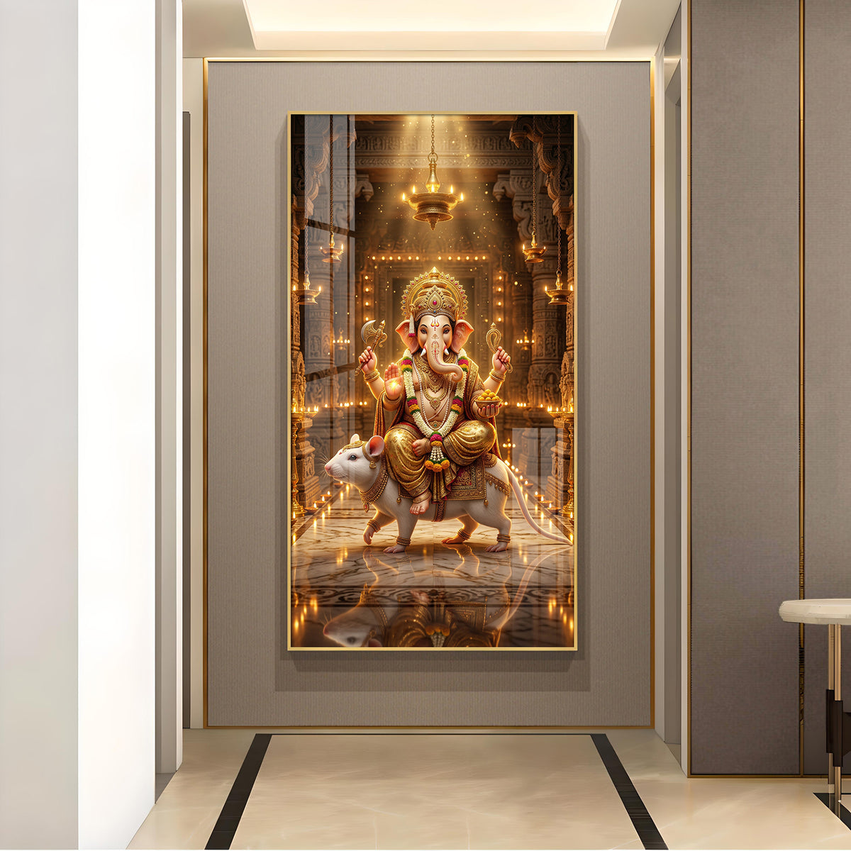 Ganesh Ji With Mushak Glass Finish Vertical Wall Art