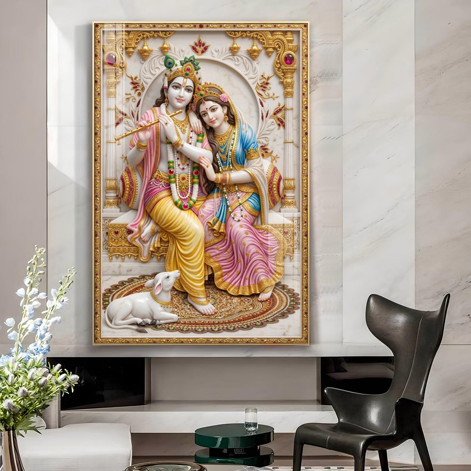 Hindu Deities Krishna With Shri Radha Glass Finish Vertical Wall Art