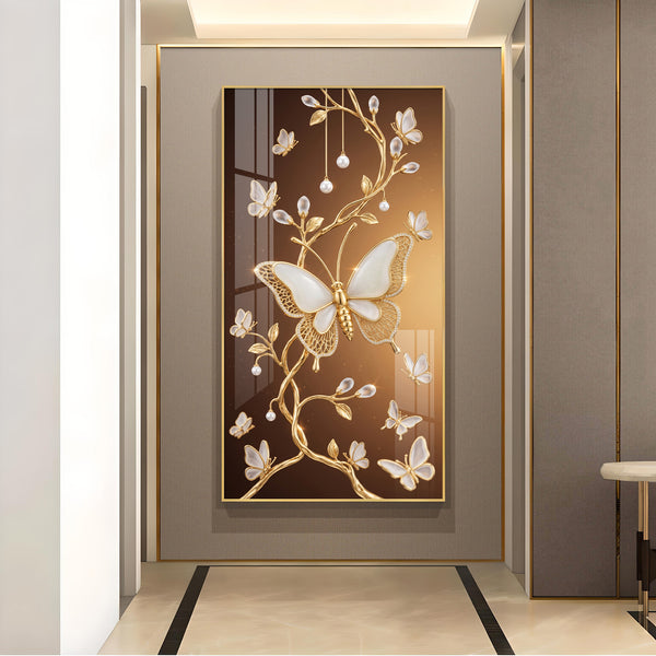 Golden Vines With White Butterflies Glass Finish Vertical Wall Art