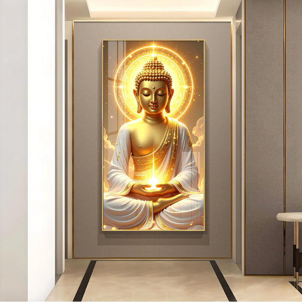 Buddha's Golden Horizon Glass Finish Vertical Wall Art