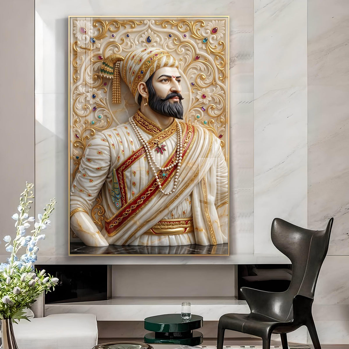 Royal Warrior Chatrapati Shivaji Maharaj Glass Finish Vertical Wall Art