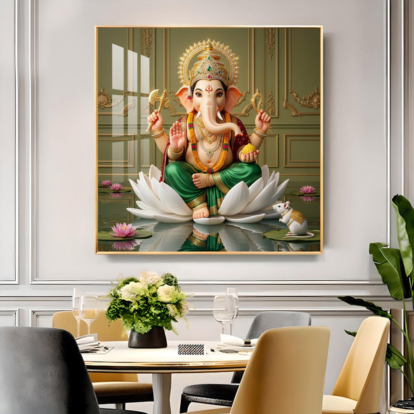 Lord Ganesha On White Lotus Glass Finish Square Wall Art