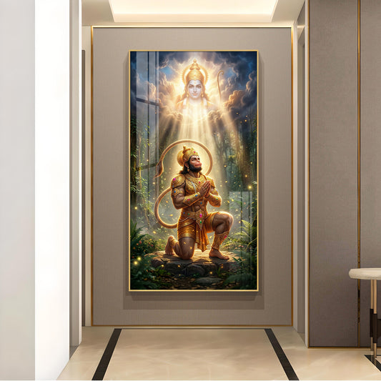 Hanuman Ji and Lord Ram Ji Glass Finish Vertical Wall Art