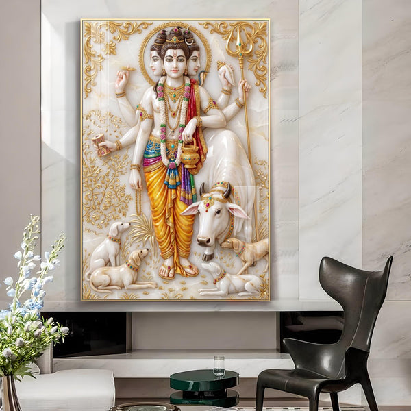 Depicts Lord Dattatreya Glass Finish Vertical Wall Art