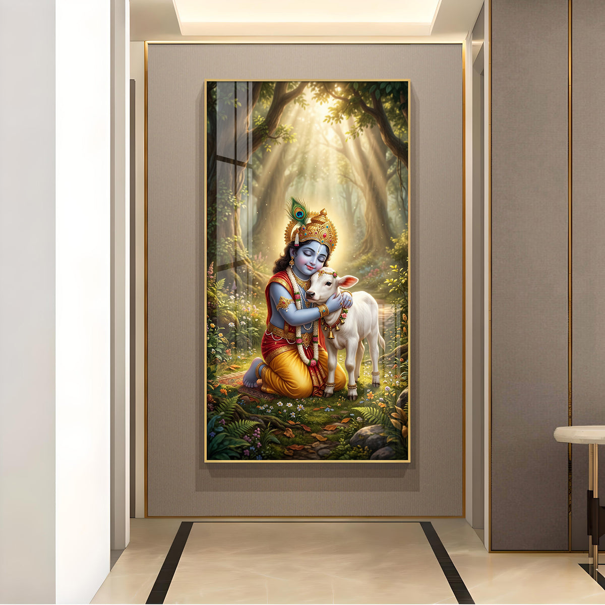 Bal Krishna With Calf Glass Finish Vertical Wall Art