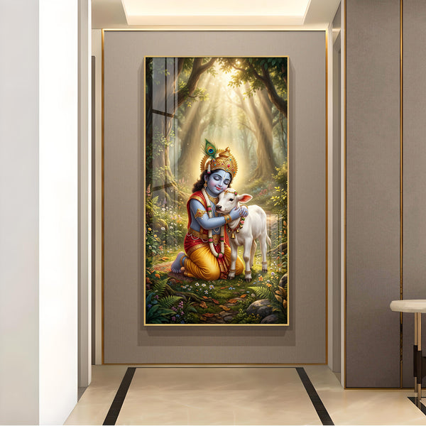 Bal Krishna With Calf Glass Finish Vertical Wall Art