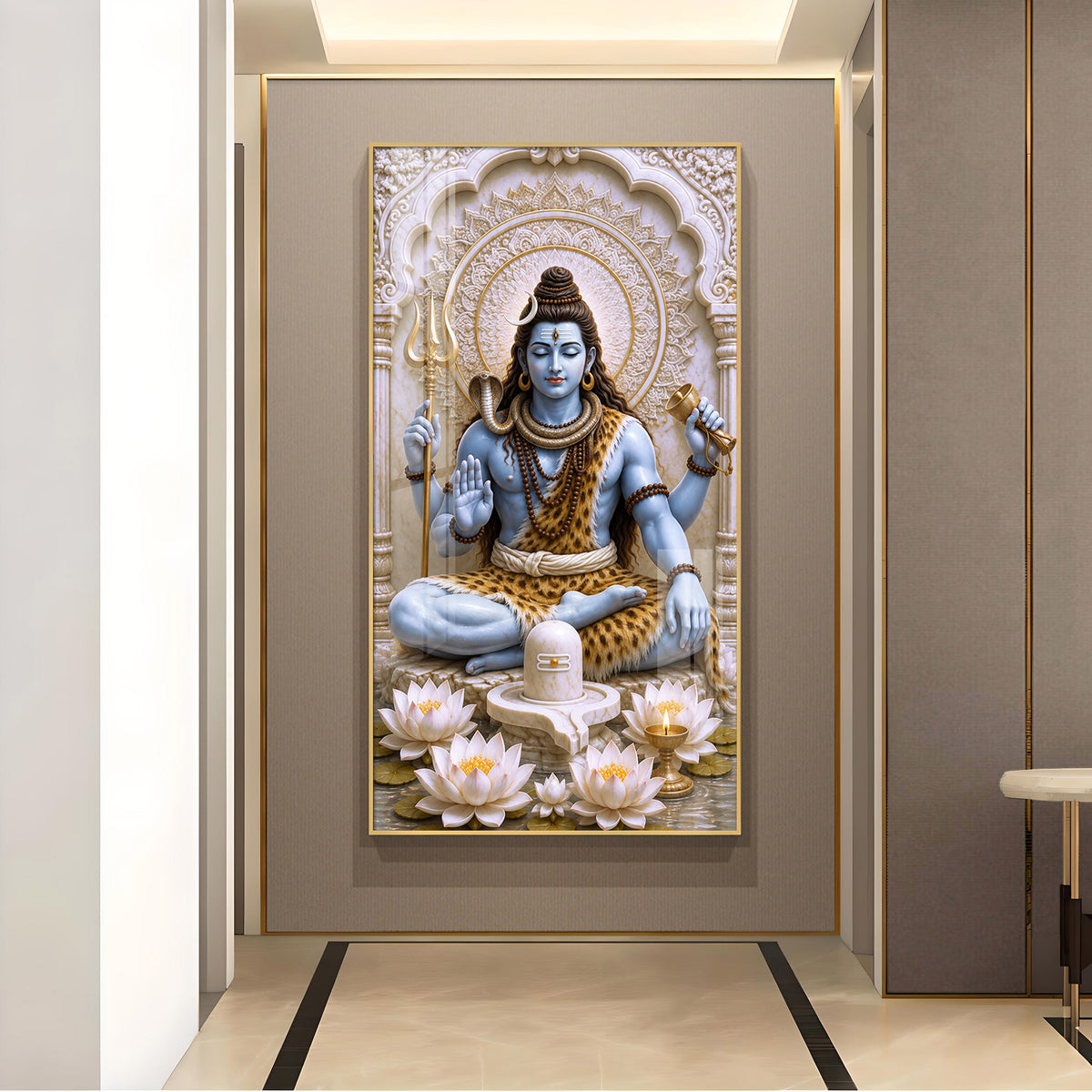 Meditating Lord Shiva Glass Finish Vertical Wall Art