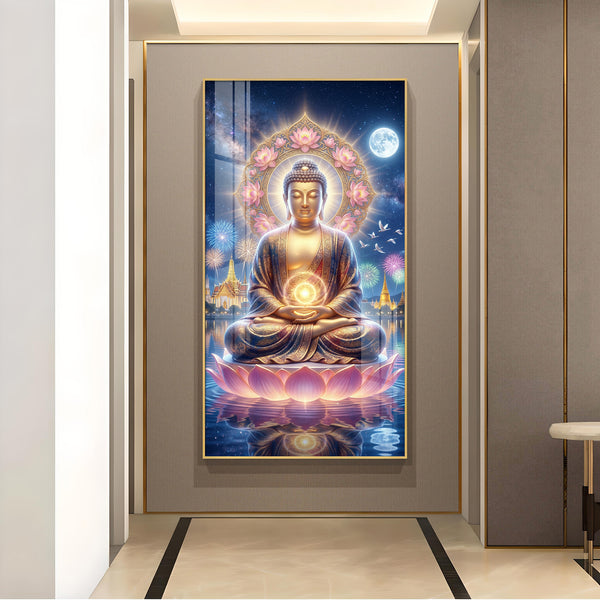 Namo Buddhay Glass Finish Vertical Wall Art
