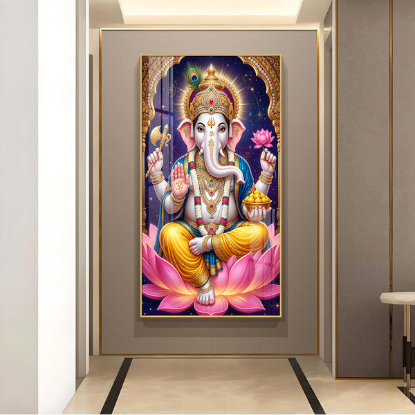 Lord Ganesha on Blooming Lotus Glass Finish Vertical Wall Art