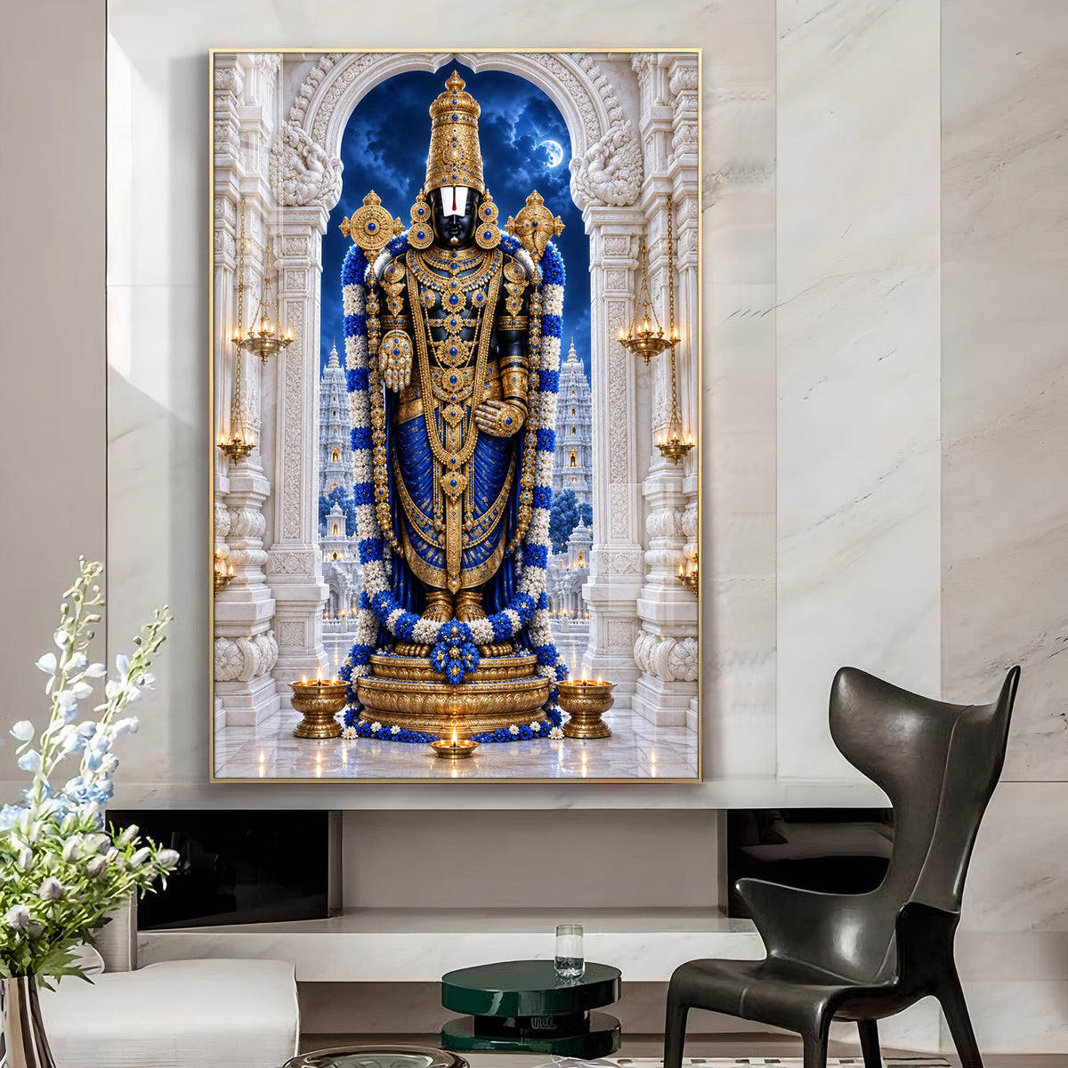 Lord Tirupati Balaji in Rich Blue Attire Glass Finish Vertical Wall Art